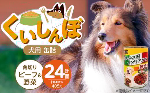 くいしんぼ 犬用 缶詰（角切りビーフ＆野菜）405g×24個_くいしんぼ 犬用 缶詰 405g×24個 角切り ビーフ＆野菜 成犬用 犬 サポートフード 噛みごたえ 栄養バランス 消化吸収 優れた ペットフード ドッグフード 福岡県 久留米市 送料無料_Pf049-04