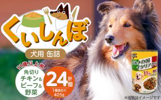 くいしんぼ 犬用 缶詰（11歳以上用 角切りチキン&ビーフ&野菜）405g×24個_くいしんぼ 犬用 缶詰 405g×24個 角切り チキン＆ビーフ＆野菜 11歳以上用 犬 サポートフード 噛みごたえ 栄養バランス 消化吸収 優れた ペットフード ドッグフード 福岡県 久留米市 送料無料_Pf049-05