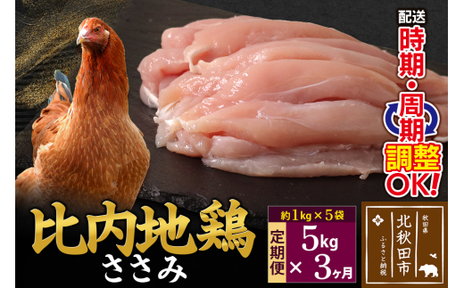 《定期便3ヶ月》 比内地鶏 ささみ 5kg（1kg×5袋）×3回 計15kg 時期選べる お届け周期調整可能 3か月 3ヵ月 3カ月 3ケ月 15キロ 国産 冷凍 鶏肉 鳥肉 とり肉 ササミ