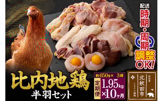 《定期便10ヶ月》 比内地鶏 鶏肉セット（半羽） 1.95kg（650g×3袋）×10回 計19.5kg 時期選べる お届け周期調整可能 10か月 10ヵ月 10カ月 10ケ月 19.5キロ 国産 冷凍 鶏肉 鳥肉 とり肉