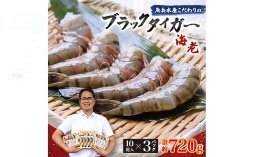 ＜毎月定期便＞魚兵水産こだわりのブラックタイガー海老　 10尾3パック(計720g程度)全6回【4067302】