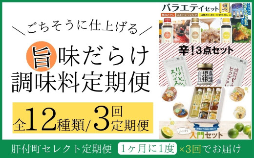 C90002 ＜定期便・全3回＞肝付町セレクト定期便《旨味だらけ！調味料定期便》 鹿児島  ドレッシング ポン酢 ぽん酢 焼肉  タレ 豆板醤 辛 辛い 唐辛子 ジャム 味噌 手作り 定期便 セレクト    【株式会社きもつき未来商社そらまち】