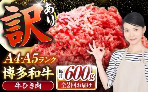 [全2回定期便][訳あり] 博多和牛 100% ミンチ (挽肉) 600g(300g×2個) [豊前市][株式会社木村食品] ひき肉 牛肉 ハンバーグ 