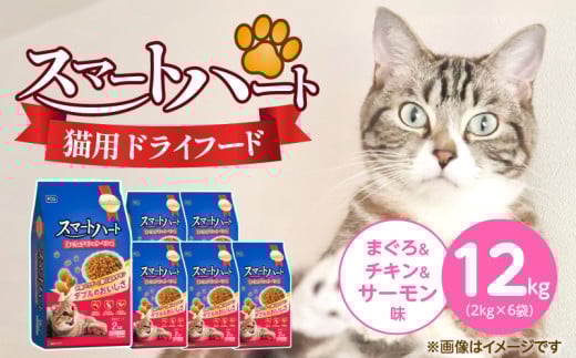 スマートハート 猫用 ドライフード（まぐろ＆チキン＆サーモン味）2kg×6袋_スマートハート 猫用 ドライフード 2kg × 6袋 計 12kg まぐろ＆チキン＆サーモン味 オールステージ用 総合栄養食 健康 サポート キャットフード 福岡県 久留米市_Pf071-01 2117000 - 福岡県久留米市