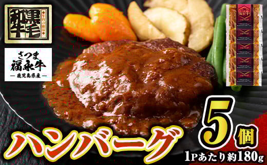 s685 さつま福永牛 鹿児島黒毛和牛 ハンバーグ(計約900g・約180g×5P) 鹿児島 国産 九州産 黒毛和牛 牛肉 ひき肉 ハンバーグ 惣菜 おかず 冷凍ハンバーグ 冷凍 電子レンジ 簡単調理 【福永畜産】 2121684 - 鹿児島県さつま町
