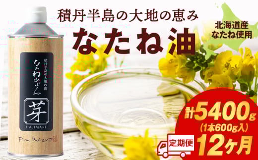 積積丹半島の大地の恵 なたねあぶら 芽（はじまり）添加物不使用（600ｇ3本×3ケース）計9本 12ヵ月定期便