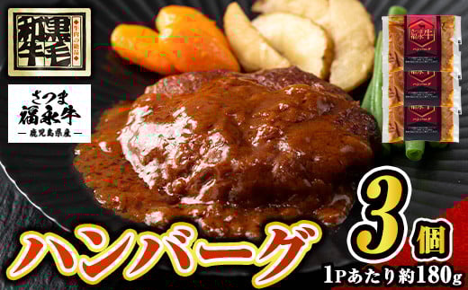 s683 さつま福永牛 鹿児島黒毛和牛 ハンバーグ(計約540g・約180g×3P) 鹿児島 国産 九州産 黒毛和牛 牛肉 ひき肉 ハンバーグ 惣菜 おかず 冷凍ハンバーグ 冷凍 電子レンジ 簡単調理 【福永畜産】 2121686 - 鹿児島県さつま町