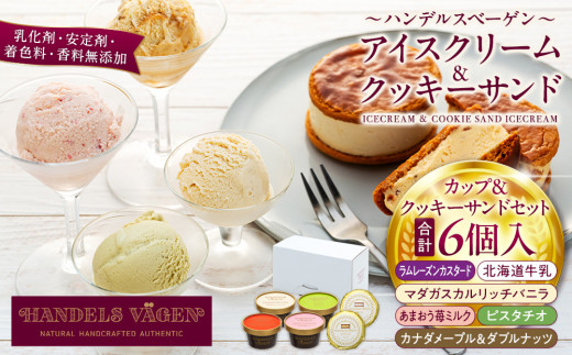 B:ハンデルスベーゲン無添加アイスクリーム/カップ＆クッキーサンドセット　メディアでも話題のクッキーサンド×2個＆濃厚カップアイスクリーム×4個のセット  大人気商品 クッキー 北海道牛乳 ピスタチオ ラムレーズン あまおう バニラ 1232082 - 神奈川県横浜市