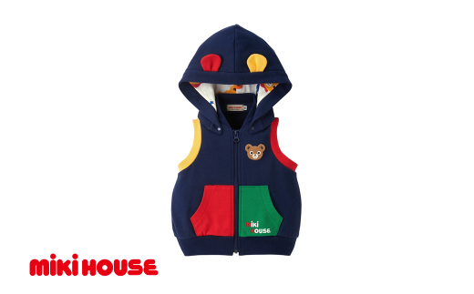 ミキハウス フード付きベスト 紺-90cm (10-5706-494) [ ミキハウス mikihouse 子供服 子ども服 フード付きベスト 赤 紺 上品 柔らかい 丈夫 長持ち 綿100% シンプル ギフト お祝い プレゼント キッズ 国産 日本製 安心 安全 ]