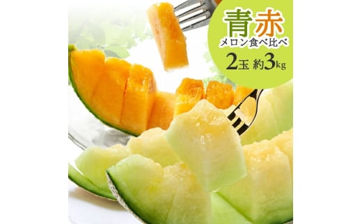 SA2627　メロン食べ比べ『品種おまかせ(青肉・赤肉)メロン 』　約3kg 計2玉(各1玉入)