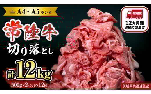[定期便] 全12回 [ 常陸牛 ] 切り落とし 1kg (茨城県共通返礼品) 国産 切落し 焼肉 焼き肉 お肉 A4ランク A5ランク ブランド牛