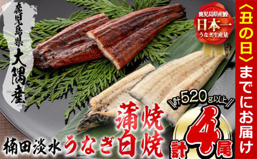 【丑の日までに配送】楠田の極うなぎ蒲焼130g以上×2尾・白焼130g以上×2尾(計520g以上) 山椒付たれ 鰻 ウナギ 蒲焼 白焼き うな重 ひつまぶし 鹿児島 冷凍 おかず お祝い 食べ比べ b3-014-us 2102404 - 鹿児島県志布志市