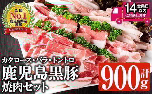 ＜14営業日以内発送！＞鹿児島黒豚 焼肉セット 黒豚肩ロース・黒豚バラ・黒豚トントロ (各300g×3種・計900g) 国産 鹿児島県産 豚肉【佐多精肉店】A142-v01