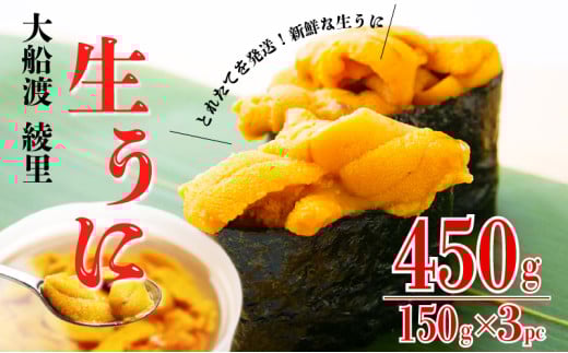 【期間限定】 水揚げ日発送 綾里の生うに 450g (150×3パック) 数量限定 無添加 ミョウバン不使用 岩手県産 冷蔵 ムラサキウニ [ 季節限定 生うに 生雲丹  天然 海鮮丼 寿司 ウニ丼 刺身 ] 1342116 - 岩手県大船渡市