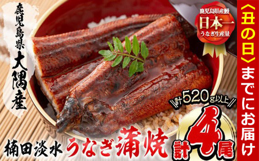 【丑の日までに配送】楠田の極うなぎ蒲焼130g以上×4尾(計520g以上) 山椒付たれ 鰻 ウナギ 蒲焼 うな重 ひつまぶし 鹿児島 冷凍 おかず お祝い b3-013-us 2102440 - 鹿児島県志布志市