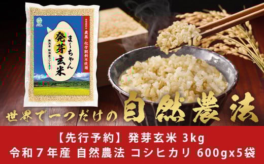 先行予約 無農薬 発芽玄米 無化学肥料 コシヒカリ 3kg(600gx5袋)  無洗米 天然水素水使用でおいしさ激増 新潟産 【013S144】