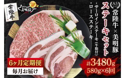 【6ヶ月定期便】【常陸牛 A5ランク・美明豚ステーキセット】常陸牛サーロインステーキ300g＋美明豚ロースステーキ280g（140g×２枚） 冷凍 国産牛 和牛 牛肉 豚肉　ブランド豚 茨城県 水戸市 食べ比べ セット商品 国産 老舗精肉店 (EK-19_2) 2116548 - 茨城県水戸市
