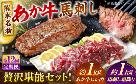【全12回定期便】熊本の贅沢 あか牛 ヒレ肉 約1kg 霜降り 馬刺し 約1kg 堪能セット 【合同会社 たべたせいか】 赤牛 和牛 牛肉 馬肉 牛 馬 肉 霜降り ヒレ ヘルシー 冷凍  熊本県 定期便 [AYCB044]