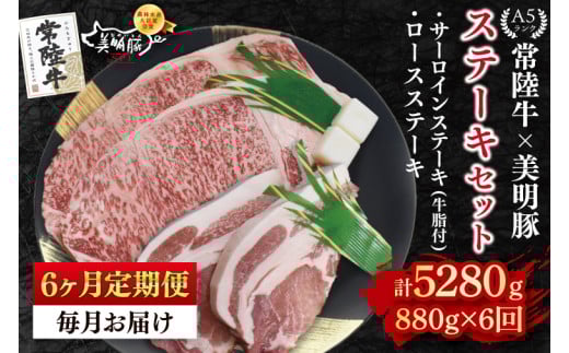 【6ヶ月定期便】【常陸牛 A5ランク・美明豚ステーキセット】常陸牛サーロインステーキ600g（300g×２枚）＋美明豚ロースステーキ280g（140g×２枚） 冷凍 国産牛 和牛 牛肉 豚肉　ブランド豚 茨城県 水戸市 食べ比べ セット商品 国産 老舗精肉店(EK-20_2) 2116551 - 茨城県水戸市