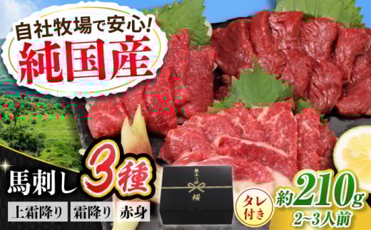 『純国産』熊本の味 馬刺し お試し 3種 セット 計約210g（2〜3人前）上霜降り 霜降り 赤身 タレ付【有限会社 九州食肉産業】 [AYCN002] 2114997 - 熊本県合志市