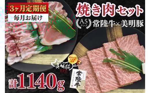 【3ヶ月定期便】【常陸牛 A5ランク・美明豚焼肉セット】常陸牛カルビ180ｇ＋美明豚200ｇ（ロース100ｇ・ばら100ｇ） 冷凍 国産牛 和牛 牛肉 豚肉 ブランド豚 茨城県 水戸市 食べ比べ セット商品 国産 BBQ  老舗精肉店（EK-22_1） 2116560 - 茨城県水戸市
