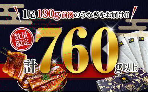 宮崎県新富町のふるさと納税 特大 うなぎ 鰻楽 国産 蒲焼 4尾 人気 無頭 計760g以上 高評価 おすすめ 冷凍 簡単調理 個包装 鰻 魚介 贈答品 ギフト 贈り物【C388】