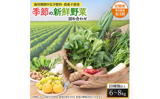 ＜毎月定期便＞＜栽培期間中化学肥料・農薬不使用＞季節の新鮮野菜の詰め合わせ 全3回【4011402】