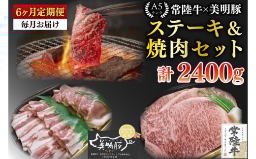 【6ヶ月定期便】【常陸牛 A5ランク・美明豚ステーキ焼肉セット】常陸牛サーロイン200ｇ＋美明豚200ｇ（ロース100ｇ・ばら100ｇ）【冷凍 国産牛 和牛 牛肉 豚肉 ブランド豚 茨城県 水戸市 食べ比べ セット商品 国産 BBQ】（EK-34_2） 2117487 - 茨城県水戸市