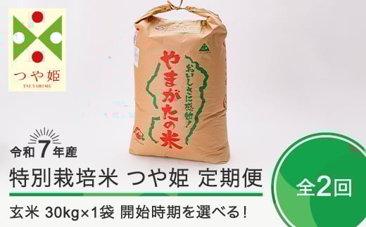新米 米 令和7年産 【玄米2回定期便】 つや姫 30kg×2回 2026年2月・2026年5月発送 大石田町産 特別栽培米 玄米 ja-tsgxa30x2-tkk2to5