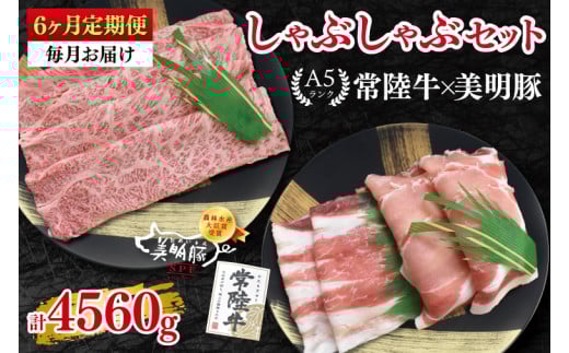 【6ヶ月定期便】【常陸牛 A5ランク・美明豚しゃぶしゃぶセット】常陸牛肩ロース360ｇ＋美明豚400ｇ（ロース200ｇ・ばら200ｇ） 冷凍 国産牛 和牛 牛肉 豚肉 ブランド豚 茨城県 水戸市 食べ比べ セット商品 国産 老舗精肉店（EK-29_2）