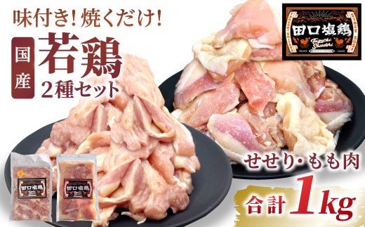 奥三河どり使用！ 田口塩鶏 国産 若鶏味付け肉 2種セット（せせり・もも肉）合計1㎏  もも肉 600g せせり 400g 塩ダレ 味付け肉 鶏肉 鶏 肉 キャンプ バーベキュー 味付け肉 大容量 手軽 焼くだけ 地鶏 焼肉 焼き鳥　-171 2118237 - 愛知県設楽町