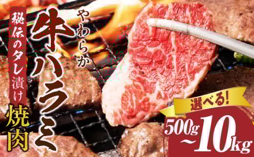 やわらか牛ハラミ焼肉 秘伝のタレ漬け500g~10kg| 牛肉 焼肉 タレ 漬け 秘伝 柔らかい 味付き やきにく ハラミ 希少 小分け 厚切り 冷凍 BBQ バーベキュー 香川県 三木町 国産 おすすめ |_mk146-024