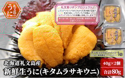 【礼文島リボンプロジェクト】北海道 礼文島産 新鮮生うに ( キタムラサキウニ ) 40g×2個 ウニ 雲丹 魚貝類 80g