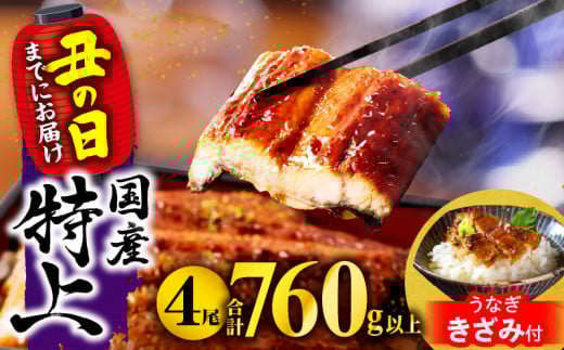 【期間・数量限定・丑の日（2025年7月31日）までにお届け】九州産うなぎ蒲焼4尾（計760g以上＆さんしょう、たれ付き）うなぎ蒲焼きざみ1袋付き_M040-011-B-U2