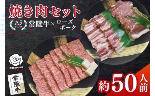 常陸牛A5ランク・ローズポーク焼肉セット 合計約50人前!|焼肉 BBQ カルビ ロース バラ 国産牛 和牛 牛肉 豚肉 茨城県 水戸市 国産 老舗精肉店(EK-89)