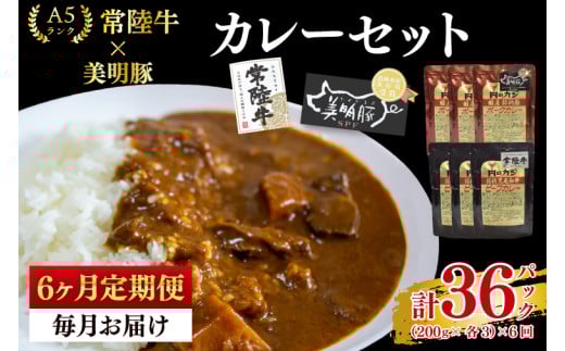 【6ヶ月定期便】【常陸牛 A5ランク】カレー3パック＋【美明豚】カレー3パック 国産牛 和牛 牛肉 豚肉　ブランド豚 茨城県 水戸市 レトルト 食品 食べ比べ セット商品 国産 老舗精肉店（EK-75_2）