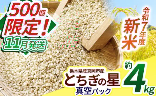 【先行予約】【11月発送】いちご農家さん応援米！令和7年度新米 真岡市産とちぎの星（玄米真空パック) 約4kg | 新米 真岡市産 真空 パック 米  お米 玄米 もちもち 数量限定 11月 ふるさと納税 農家直送 新鮮 先行 予約 栃木県 真岡市 送料無料 
