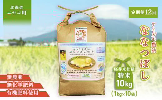 《数量限定先行受付！令和7年産米》【12回定期便】合鴨農法ななつぼし 【胚芽米仕様精米】【有機肥料/無農薬・無化学肥料･備蓄用】令和7年度米 正味10kg(1kg×10袋) 水田環境鑑定・米食味鑑定士鑑定米【Yesclean農法認定品】【31154】 2119267 - 北海道ニセコ町