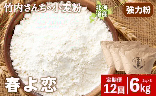 12ヵ月定期便  竹内さんちの小麦粉 強力粉【北海道 春よ恋  2kg×3 袋 保存に便利なチャック付袋！】 小分け お菓子 パン