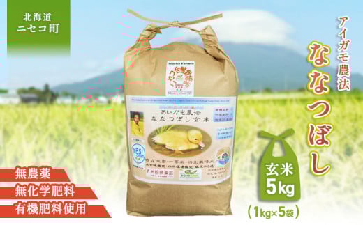 《数量限定先行受付！令和7年産米》合鴨農法ななつぼし 【玄米】【有機肥料/無農薬・無化学肥料･備蓄用】 令和7年度米 5kg(1kg×5袋)　水田環境鑑定・米食味鑑定士鑑定米【Yesclean農法認定品】【3113802】 1508751 - 北海道ニセコ町