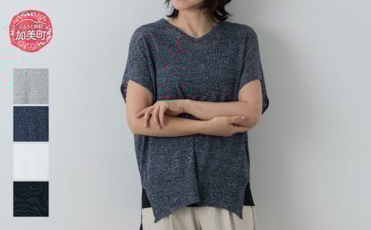 リネン Vネックフレンチスリーブ F 女性用《白田のカシミヤ》【全4色】L.グレー ミッドナイトブルー ホワイト ブラック ｜ 天然素材 春夏 レディース
