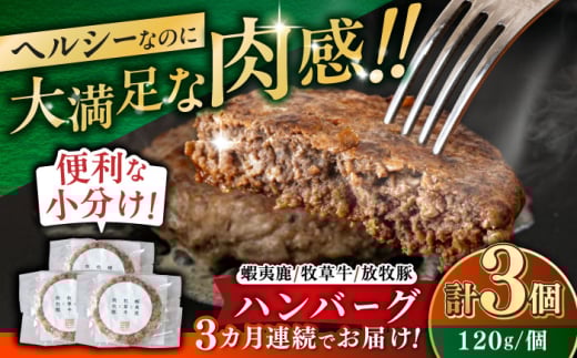 【全3回定期便】 【蝦夷鹿×牧草牛×放牧豚】ハンバーグ 3個 《厚真町》【GOODGOOD株式会社】 ハンバーグ 鹿肉 牛肉 豚肉 小分け 冷凍配送 北海道 [AXBP015] 2123601 - 北海道厚真町