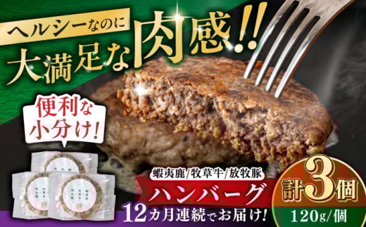 【全12回定期便】 【蝦夷鹿×牧草牛×放牧豚】ハンバーグ 3個 《厚真町》【GOODGOOD株式会社】 ハンバーグ 鹿肉 牛肉 豚肉 小分け 冷凍配送 北海道 [AXBP017] 2123603 - 北海道厚真町