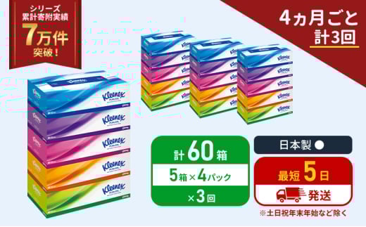 定期便 ティッシュ クリネックス ティシュー 5箱入×4パック《4ヶ月ごと計3回》 ティッシュペーパー セット 柔らかい 節約 日用品 日用雑貨 備蓄 備蓄用 防災 災害 ボックスティッシュ テッシュ ペーパー ローリングストック 宮城 岩沼市 [№5704-1041] 2134245 - 宮城県岩沼市
