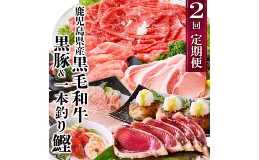 定期便(2回配送)鹿児島県産黒毛和牛・豚肉・一本釣りかつお DD-6004_ 定期便 牛肉 肉 お肉 切り落とし すき焼き すきやき 豚肉 かつお ハンバーグ ロース スライス 豚しゃぶ しゃぶしゃぶ 霜降り 海鮮丼 【1166749】 1526649 - 鹿児島県枕崎市
