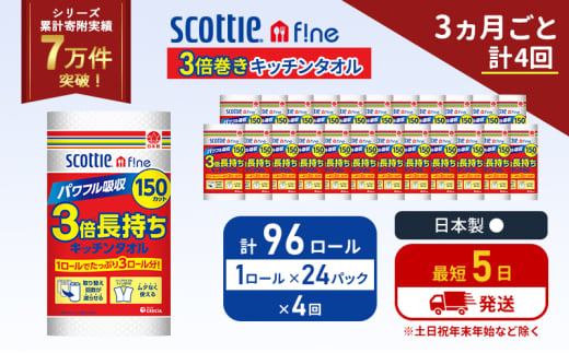 定期便 キッチンペーパー 1ケース キッチンタオル スコッティ ファイン 1 ロール 3倍 150カット セット《3ヶ月ごと計4回》 ペーパータオル キッチン用品 節約 日用品 日用雑貨 備蓄 備蓄用 防災 災害 3倍巻き まとめ買い 宮城県 岩沼市 [№5704-1105] 2134309 - 宮城県岩沼市