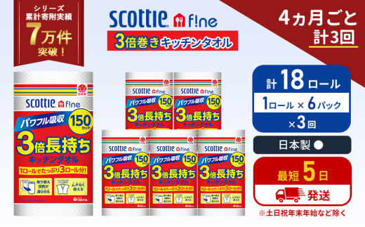 定期便 キッチンペーパー 6パック入 キッチンタオル スコッティ ファイン 1 ロール 3倍 150カット セット《4ヶ月ごと計3回》 ペーパータオル キッチン用品 節約 日用品 日用雑貨 備蓄 備蓄用 防災 災害 3倍巻き まとめ買い 宮城県 岩沼市 [№5704-1098] 2134302 - 宮城県岩沼市
