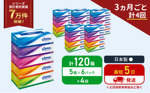 定期便 ティッシュ クリネックス ティシュー 5箱入×6パック《3ヶ月ごと計4回》 ティッシュペーパー セット 柔らかい 節約 日用品 日用雑貨 備蓄 備蓄品 備蓄用 防災 災害 ボックスティッシュ テッシュ ペーパー 宮城 岩沼市 [№5704-1046] 2134250 - 宮城県岩沼市