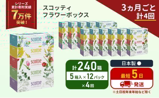 定期便 ティッシュ スコッティ フラワーボックス 240箱 (5箱×12パック)《3ヶ月ごと計4回》 ティッシュペーパー ティシューペーパーボックスティッシュ ボックスティシュー ティシュペーパー 防災 災害 日用品 生活用品 生活必需品 宮城県 岩沼市 [№5704-1138] 2134342 - 宮城県岩沼市