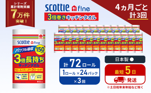 定期便 キッチンペーパー 1ケース キッチンタオル スコッティ ファイン 1 ロール 3倍 150カット セット《4ヶ月ごと計3回》 ペーパータオル キッチン用品 節約 日用品 日用雑貨 備蓄  備蓄用 防災 災害 3倍巻き まとめ買い 宮城県 岩沼市 [№5704-1100] 2134304 - 宮城県岩沼市
